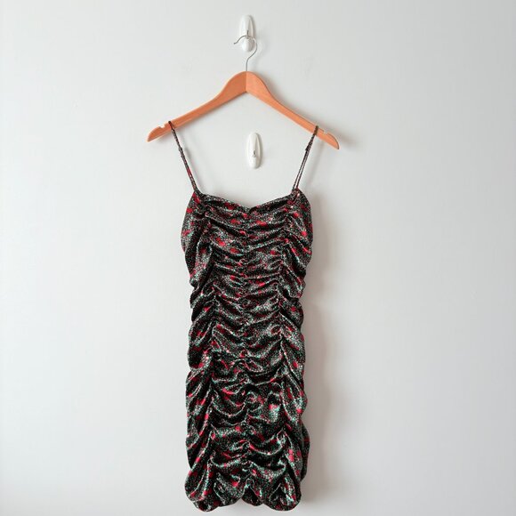 Urban Outfitters Iris Satin Ruched Mini Dress Black Red Rose Floral Size Medium - Picture 2 of 6